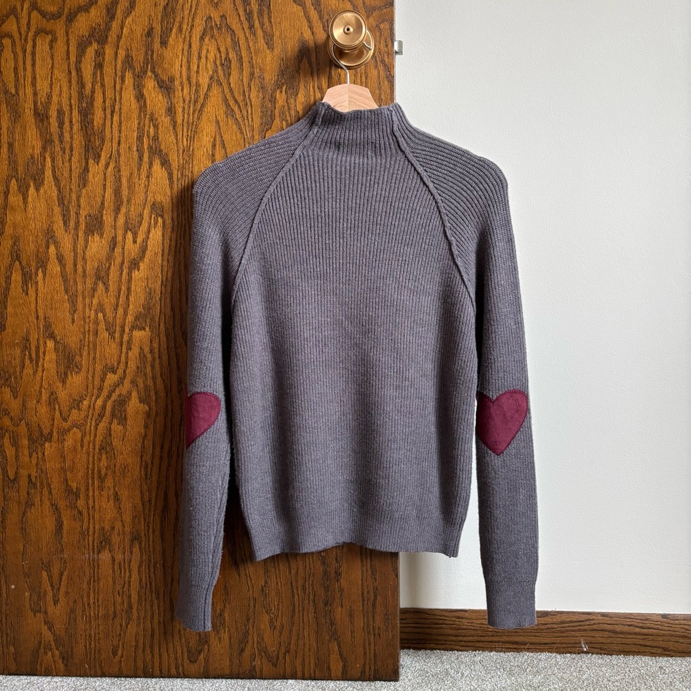 Modcloth Size X-Small Brown Heart Elbow Patch Mock-Neck Grey Long Sleeve Sweater - Picture 3 of 7